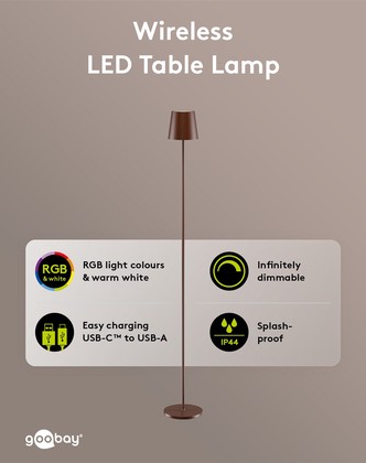 GOOBAY επιτραπέζιο φωτιστικό 76574, RGBW, dimmable, επαναφορτιζόμενο, έως 122.3cm ύψος, χάλκινο 3 dimmable